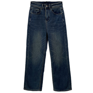 高腰显瘦加绒牛仔裤女秋冬植绒裤子宽松直筒窄版阔腿裤冬拖地长裤