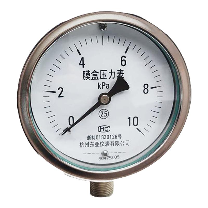 东亚仪表膜盒压力表YE-100天然燃气表检测天千帕管道微压0-10MPA