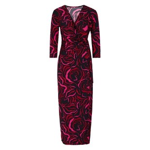 马天奴春秋新款红色印花连衣裙子V领收腰修身显瘦法式度假气质女