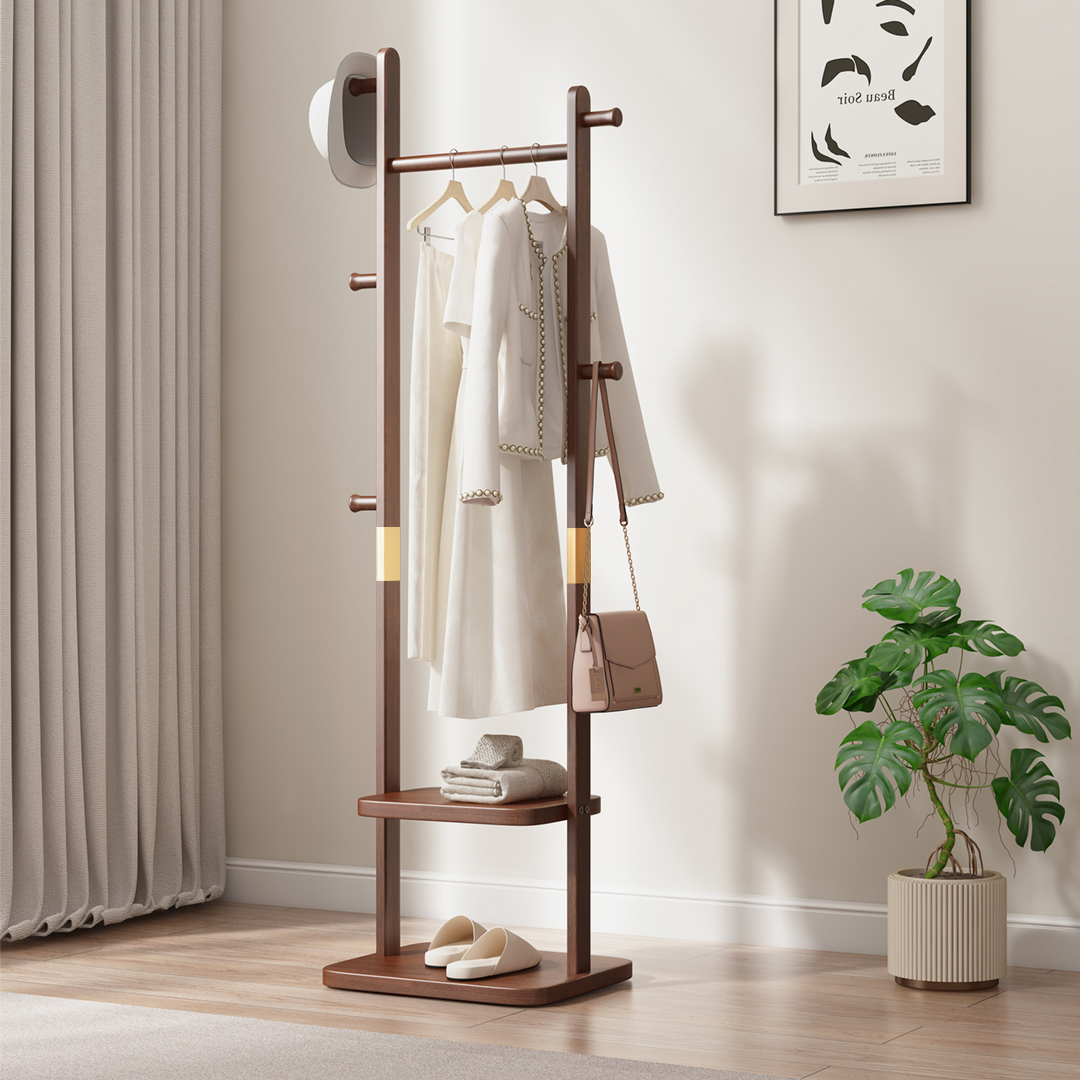 家用实木衣帽架落地小型卧室挂衣架客厅室内办公室简约立式挂衣架