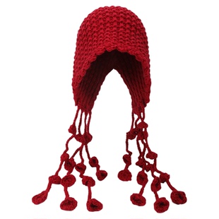 红色镂空针织帽子女2025新款川西草原旅游百搭流苏绑带套头冷帽