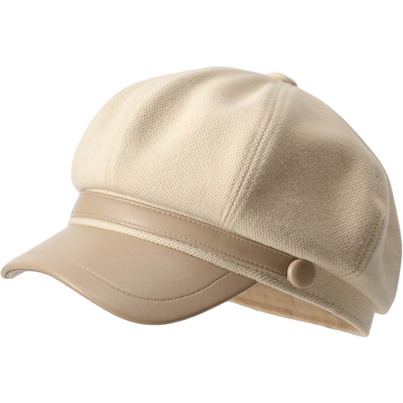 毛呢鸭舌报童帽大头围2024新款日系云朵八角帽PU皮质帽子画家帽女