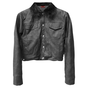 DETW 25AW*暗黑金属扣毛领皮草水洗做旧皮质正肩短宽羽绒夹克外套