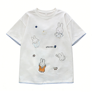 鹿山野 严选2026夏季新款甜美可爱卡通刺绣圆领纯棉短袖T恤上衣潮