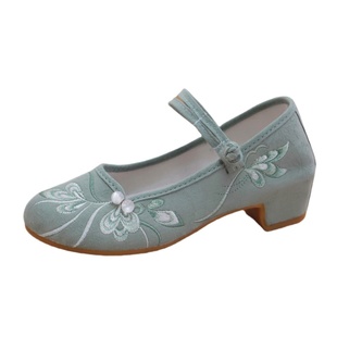 中国风高跟旗袍鞋女古风软底浅口布鞋民族风老北京一字带绣花女鞋