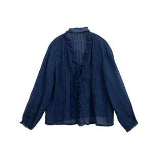 忘城N715座/深呼吸/春季42支苎麻宝蓝色无领木耳边系带防晒小开衫