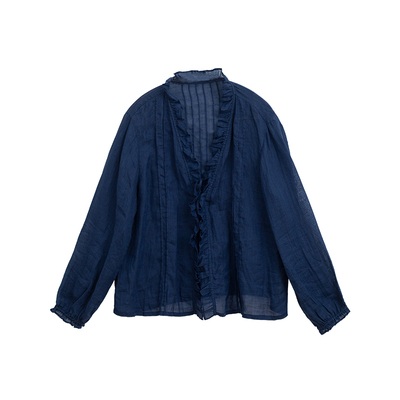 忘城N715座/深呼吸/春季42支苎麻宝蓝色无领木耳边系带防晒小开衫