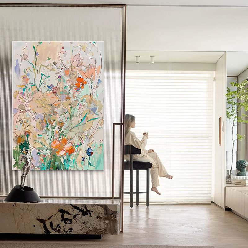 百花齐放 梧桐家X林福签名纯手绘油画客厅挂画玄关奶油风艺术画