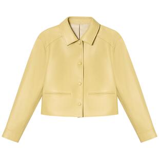 诗篇专选时尚绵羊皮翻领短箱型显瘦翻领浅黄皮衣外套春款