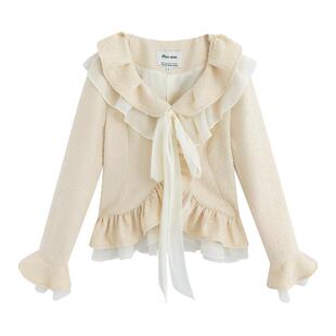 Marc Moore 2025秋季新款荷叶边细带喇叭袖短款外套女奶油色外套