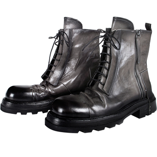 幻象者原创设计高级感真皮厚底高帮马丁靴复古手工改色皮鞋时装靴