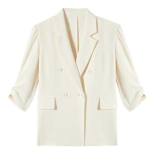 朗姿2025夏季新款通勤风六分袖白色西装外套女商务休闲中长款西服