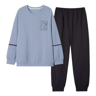 浪莎睡衣男秋冬季纯棉加厚夹层保暖空气薄夹棉套头款家居服可外穿