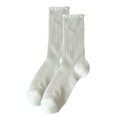花边中筒堆堆袜女款纯棉白色透气