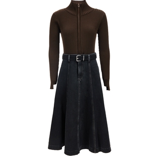 ONLY2026春季新款复古水洗通勤中长裙撞色针织拼接牛仔连衣裙女