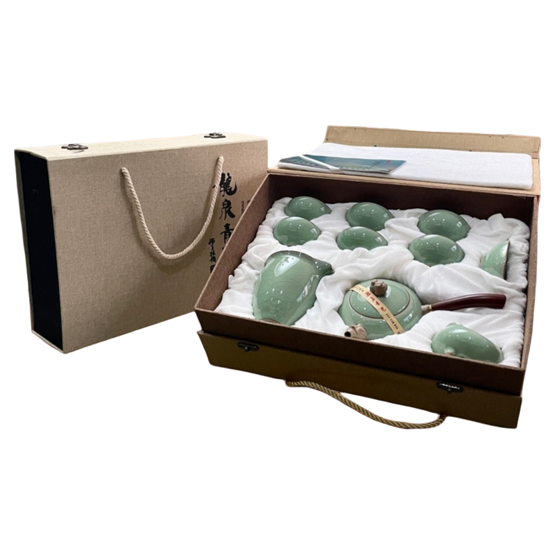 【世界非遗】龙泉青瓷哥窑功夫茶具10头茶具侧把壶