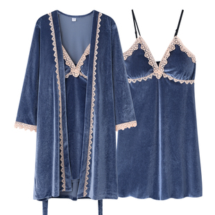 乐姿梦金丝绒情侣睡衣女秋冬季薄绒款吊带睡裙睡袍男士长袖家居服