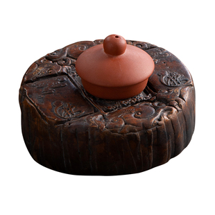 老物件古法大漆麻线鼓壶承民国砖石盖置茶宠古朴装饰摆件底座茶托