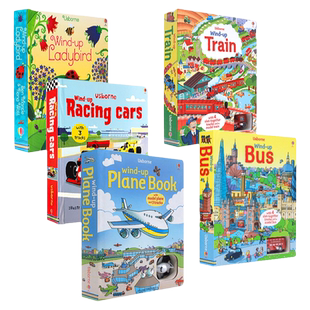 现货Usborne Wind-up发条轨道书5册英文原版飞机Plane火车Train巴士Bus圣诞Christmas瓢虫Ladybird 亲子互动益智交通玩具书大开本