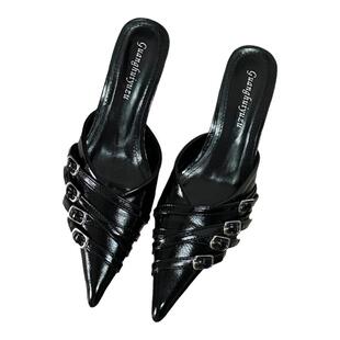 包头尖头半拖鞋女外穿2025春夏时尚皮带扣凉拖高跟中跟细跟穆勒鞋