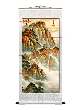 竖版泰山日出卷轴挂画客厅玄关山水画入户东墙风景风水靠山图装饰