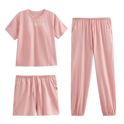 秋鹿带胸垫睡衣短袖情侣三件套