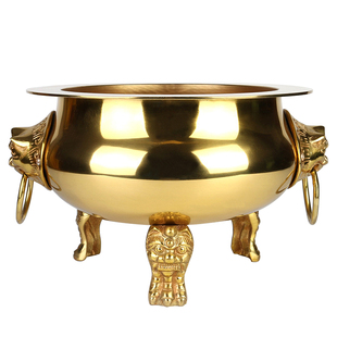 铜香炉纯铜狮头三脚炉咬环铜炉大鼎三脚圆炉寺庙祖堂供奉上香炉插