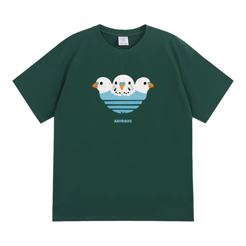 三头鸟虎皮鹦鹉 短袖潮流搞笑趣味纯棉宽松鸟类印花上衣透气T恤