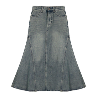MULVAN 漫画腰臀比例 复古高腰显瘦牛仔半身裙女长款包臀鱼尾裙