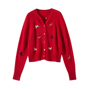 YANGLE_红色毛衣女冬2026新款100绵羊毛马年限定钉珠刺绣针织开衫