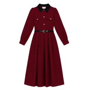 女童秋冬连衣裙赫本气质显瘦法式翻领红色裙子大童收腰复古长裙子