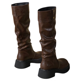 达芙妮厚底长筒靴女2025秋新款不过膝冬季靴子堆堆皮靴加绒骑士靴