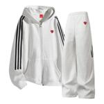 查尔斯桃心 条纹运动套装男女春秋季长袖开衫卫衣直筒长裤两件套