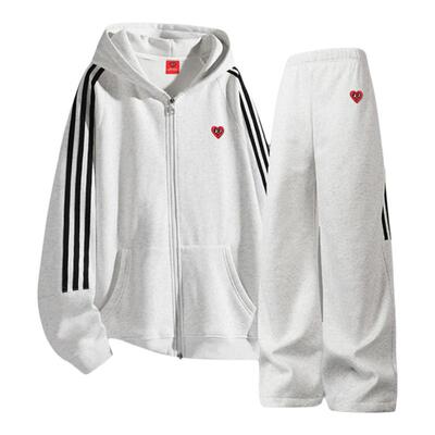 查尔斯桃心 条纹运动套装男女春秋季长袖开衫卫衣直筒长裤两件套