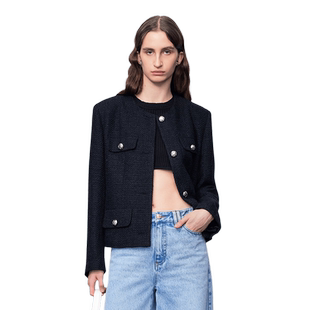 Fabrique 老钱风深藏蓝银扣格纹花呢外套优雅小香风外套