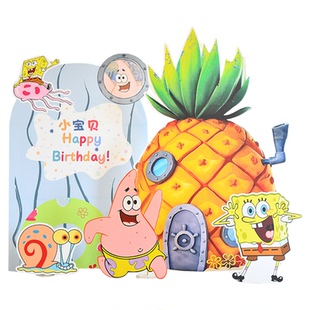海绵宝宝主题生日派对男孩女宝宝周岁宴气球布置KT板装饰场景墙