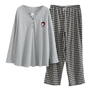 纯棉格子睡衣女款2026新款春款大码胖mm200斤长袖V领家居服套装