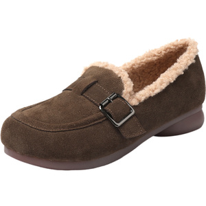 真皮外穿加绒毛毛女鞋冬季软底舒适勃肯鞋大码平底一脚蹬豆豆棉鞋