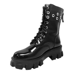 真皮厚底马丁靴女款2025秋冬新款黑色中筒靴英伦风系带漆皮机车靴