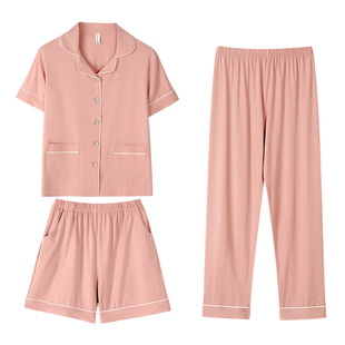 莫代尔三件套睡衣女夏款短袖春秋季2025年新棉大码女士家居服套装