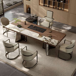 现代新中式实木大板茶桌办公室泡茶一体功夫茶台高端简约岩板茶桌