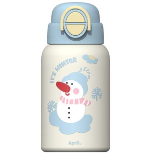 肆月一盖双饮口保温杯女生高颜值大容量杯子吸管儿童水杯一键开盖