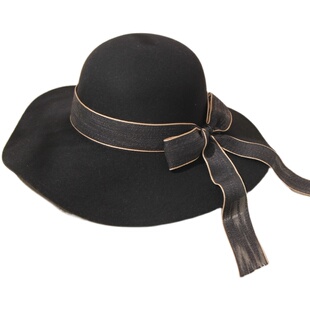 英伦新款木耳边羊毛大檐帽女秋冬毛呢圆顶黑色飘带大帽宽檐潮人帽