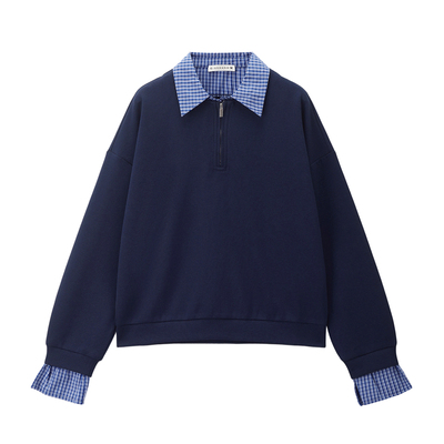 Giordano假两件拼接格纹卫衣