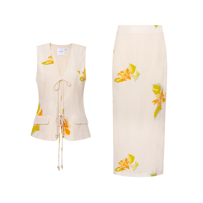 TOP家 轻新中式时髦肌理感绑带系带印花马甲+气质显瘦印花半身裙