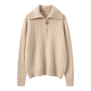 秋冬新款100%纯山羊绒衫女POLO领针织衫宽松加厚半拉链打底衫毛衣