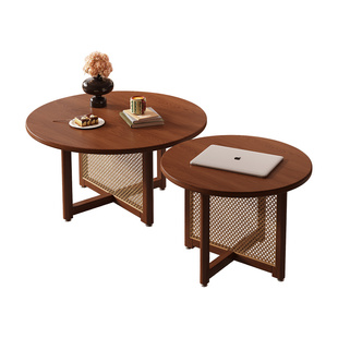 中古实木藤编茶几复古圆形大小组合客厅家用小户型边几原木茶桌子