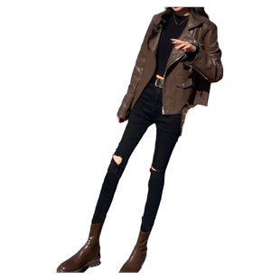 破洞牛仔裤女八分2025年春夏新款高腰紧身显瘦磨破黑色九分小脚裤