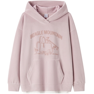 森马史努比系列卫衣女中长款假两件女装冬季外套摇粒绒连帽上衣