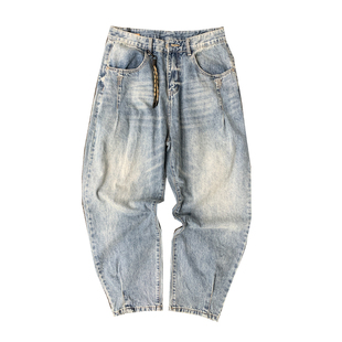 春秋季痞帅高端水洗复古牛仔裤男宽松直筒裤哈伦美式潮牌休闲裤子